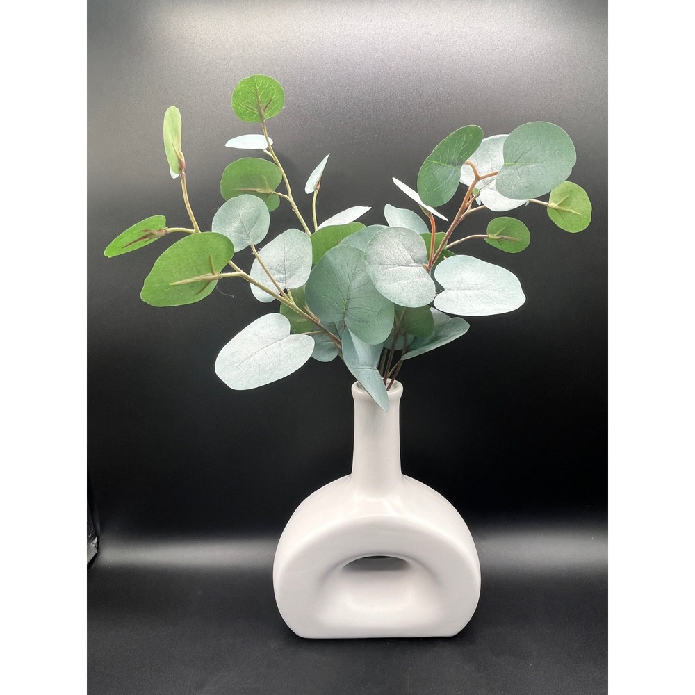 Abstract Modern Matte White Ceramic Donut Vase Faux Eucalyptus Greenery 8 x 6.5" - Picture 6 of 11